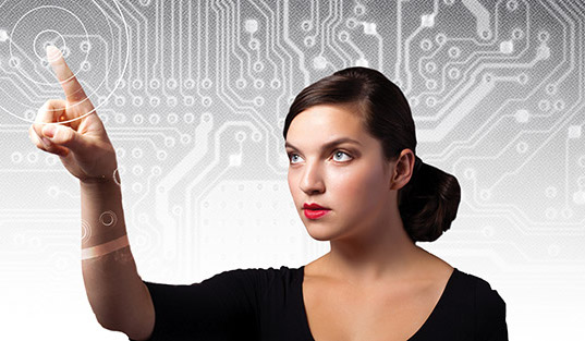 woman pointing with circuit board pattern in background